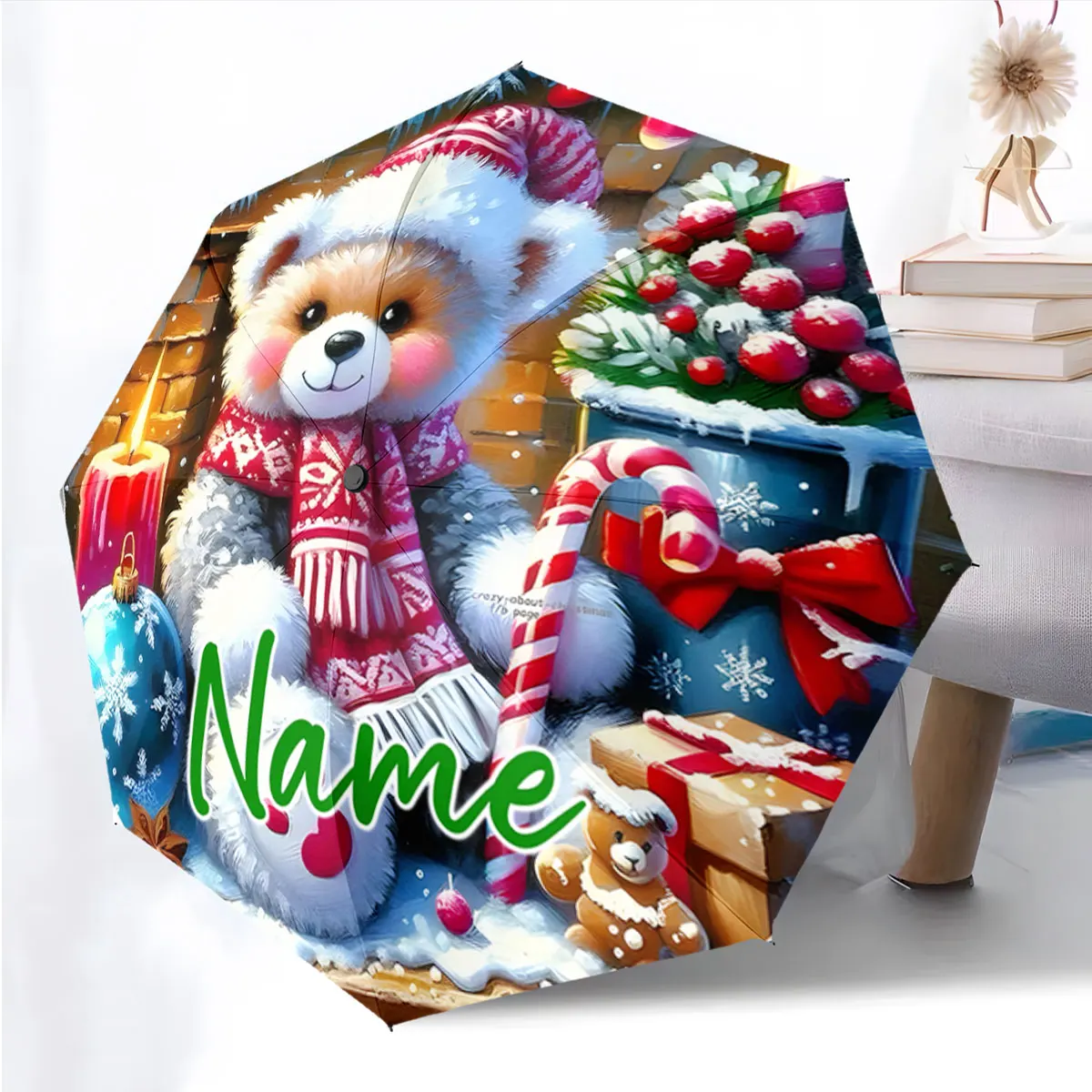 Custom Name Festive umbrella decor with holiday-themed designs Print 8 Iron Ribs Folding Umbrella, Auto-Open Fashion Sunshade