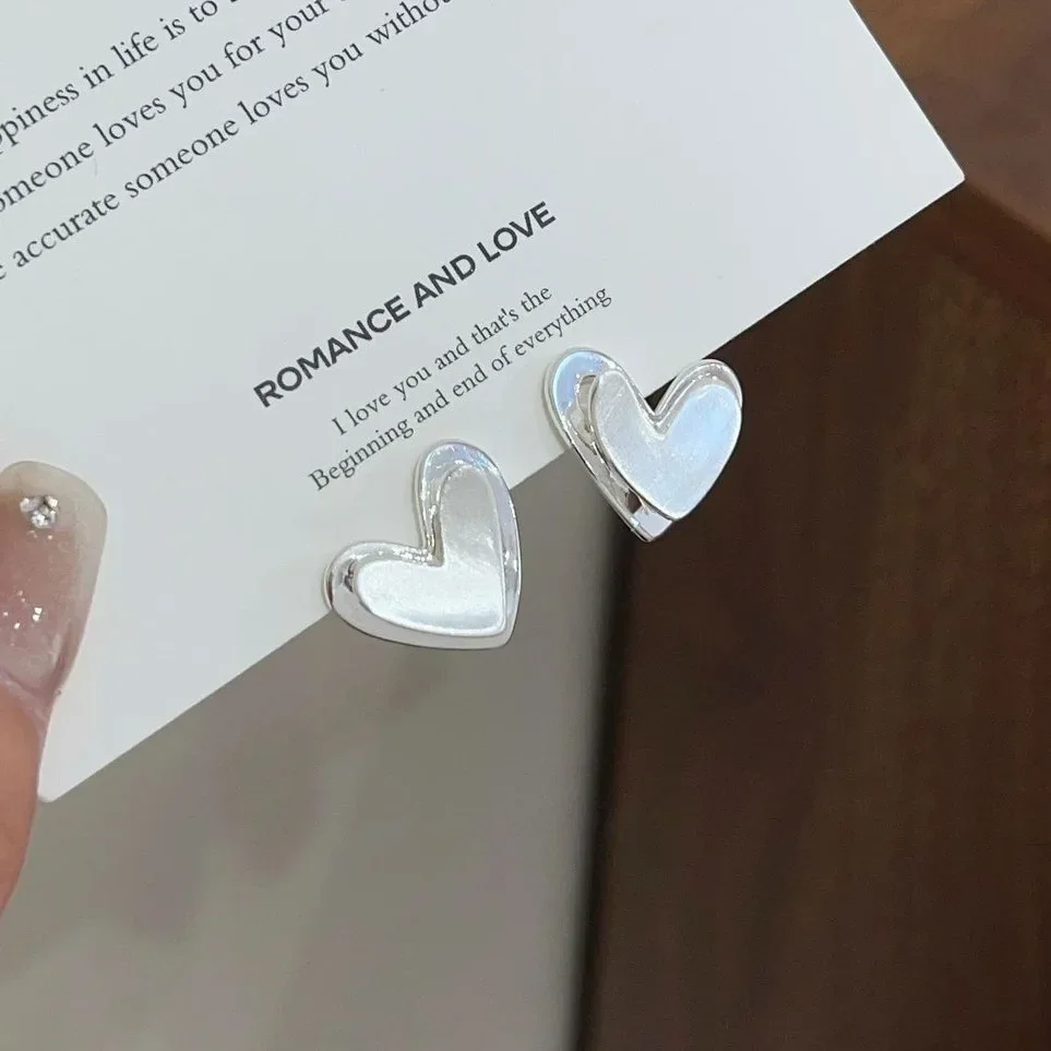 LATS Unique Design Silver Color Love Heart Stud Earrings for Women Personality Versatile Brushed Delicate Earing Fashion Jewelry