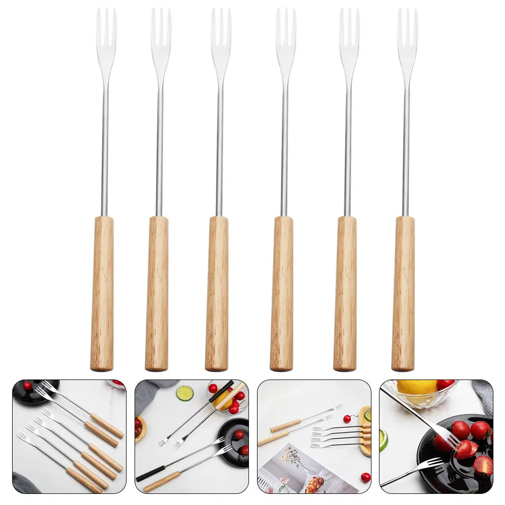6Pcs Stainless Steel Chocolate Fondue Forks with Wood Handles Portable Dipping Forks for Dessert Sauce Fruit Coulis Caramel
