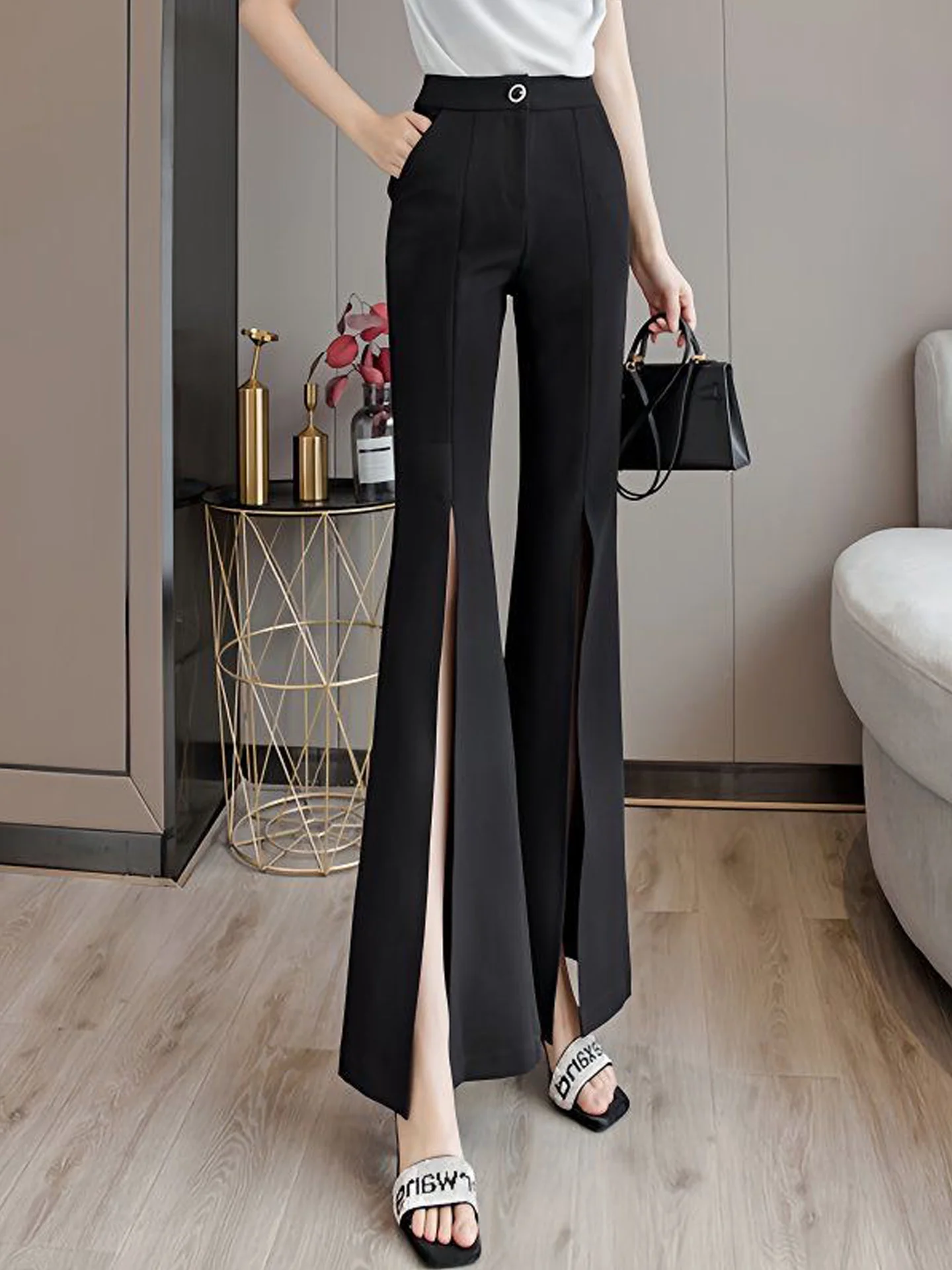 Korean Style High Waist Flared Pants Women's Pure Color Slit Slimming Long Trousers Fashionable Casual Pants for Autumn