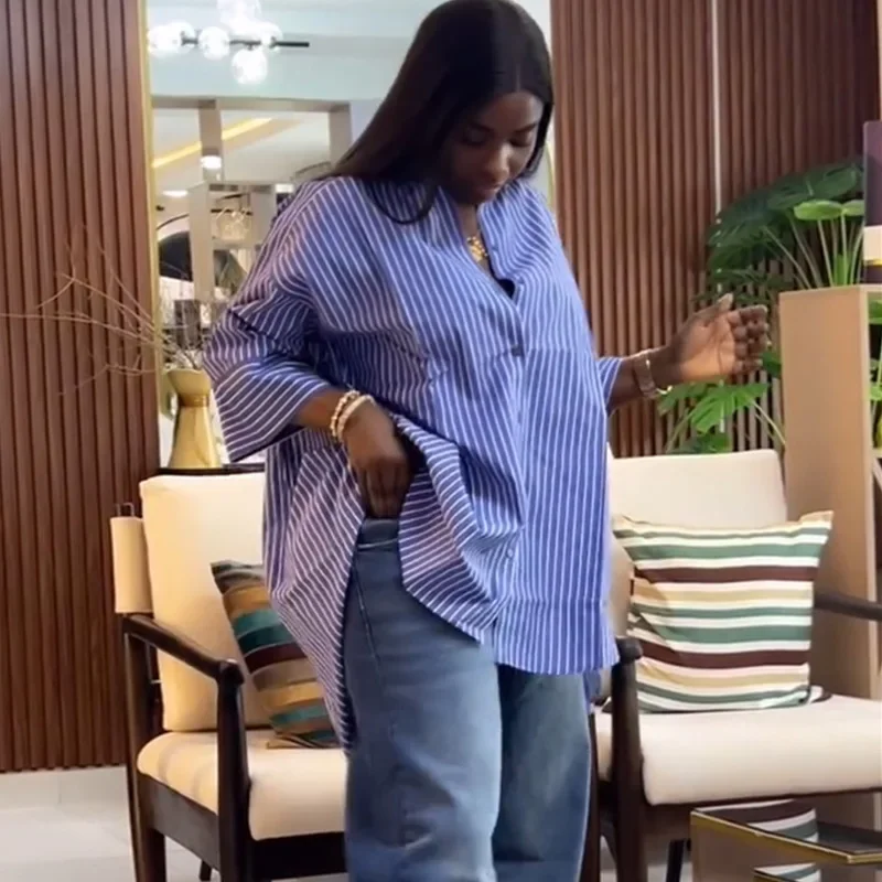 

Women's clothing 2025 summer new fashion blue striped long-sleeved shirt loose and thin long-sleeved top HK72493