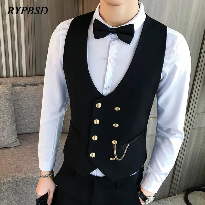 Men Casual Suit Vest Uniform Autumn Double Breasted Slim Fit Business Suit Vest Dress Disco Waiter Office Cosplay Work Waistcoat