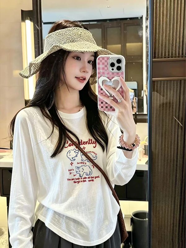 Dopamine Boosting Purple Thin Long Sleeve T-Shirt Women's Spring Unique Design Cartoon Fashionable Anti-Aging Top