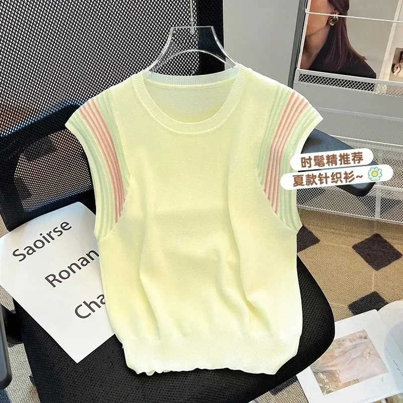 

Summer Knit Vest Women T-shirt Vintage Korean Fashion O-neck Pullover Striped Sleeveless Sweater Tank Crop Top Ladies Waistcoat