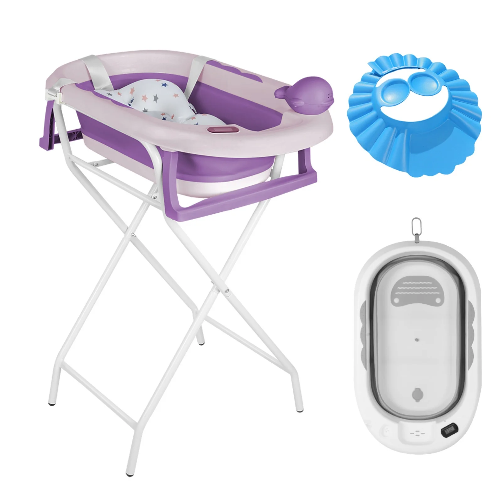 Opvouwbaar babybadje met badmat, babybadje met geïntegreerde thermometer, draagbaar babybadje voor baby's van 0-36 maanden
