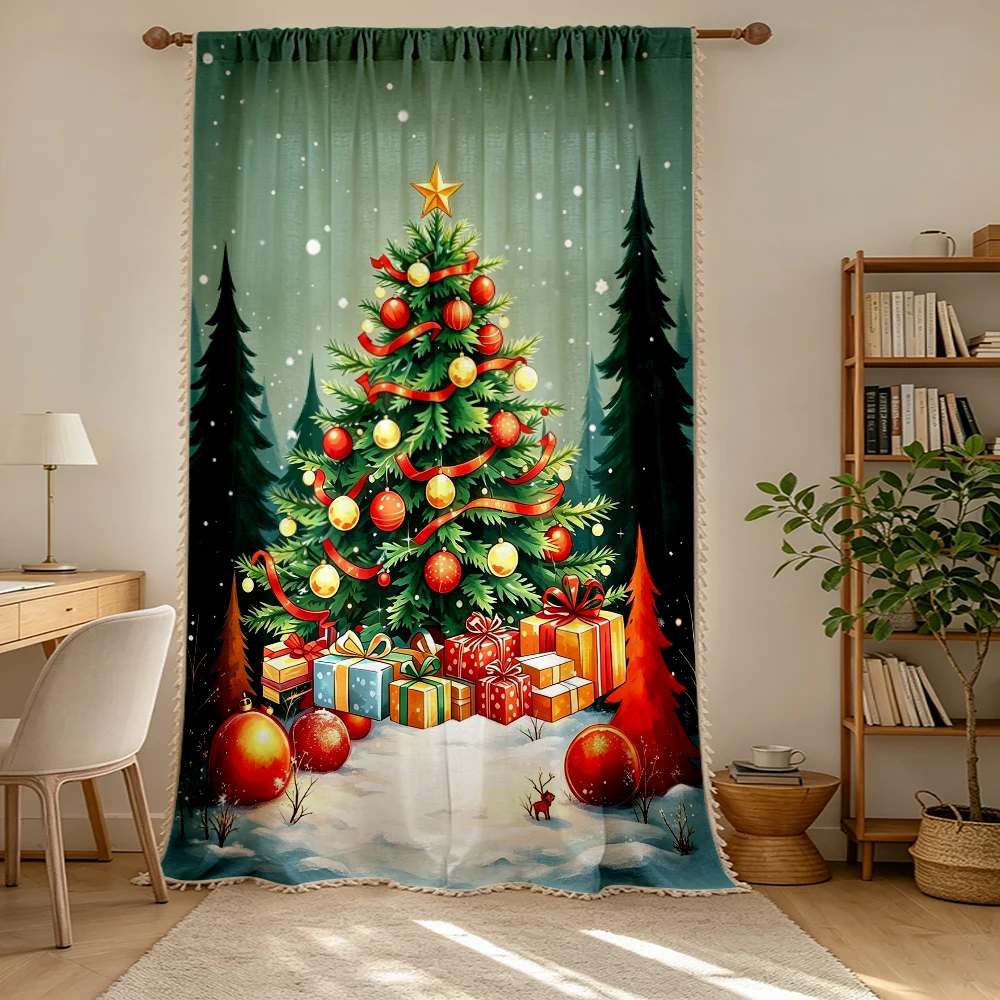1PC Christmas Tassel Sheer Curtains, Tree Gift Ball Snow, Digital Print, Linen Polyester, Bedroom Living Room, Home Decor