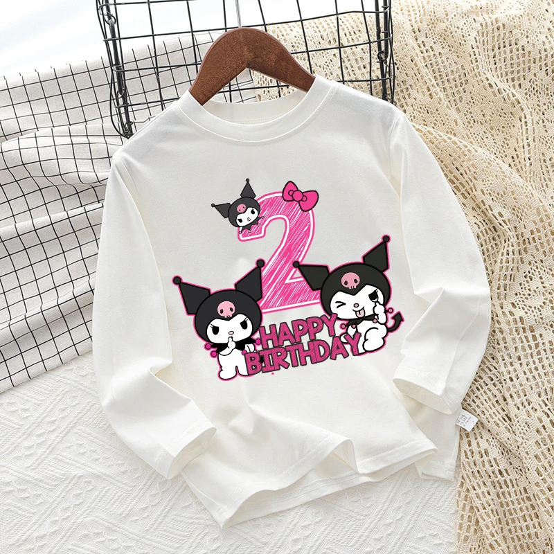 Sanrio Kuromi Children's T-shirt Cute Number Letter A-Z Printing Fashion Cartoon Girls Clothes Cotton Long Sleeve Birthday Tops