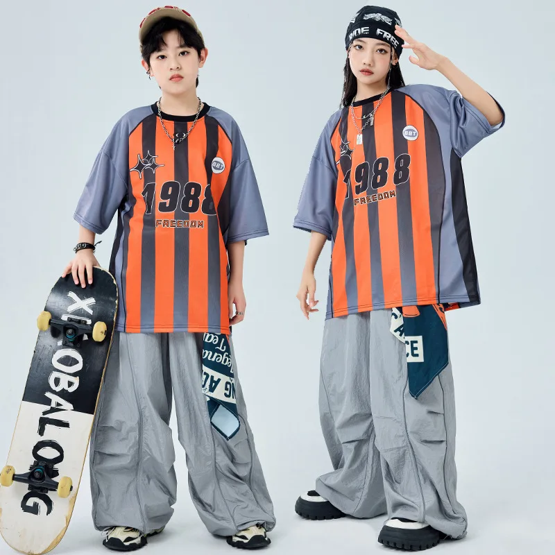 Hip Hop Mädchen Kleidung Kinder Jazz Street Dance Kostüm Beide Seiten Print T Shirt Grau Lose Hosen für Jungen Performance Outfit
