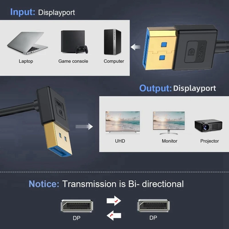 60Cm Cable Ultrafine Down Angled 1.4 DP To DP Cable 8K 60Hz UHD 4K 144Hz 90 Degree For Alienware Monitors