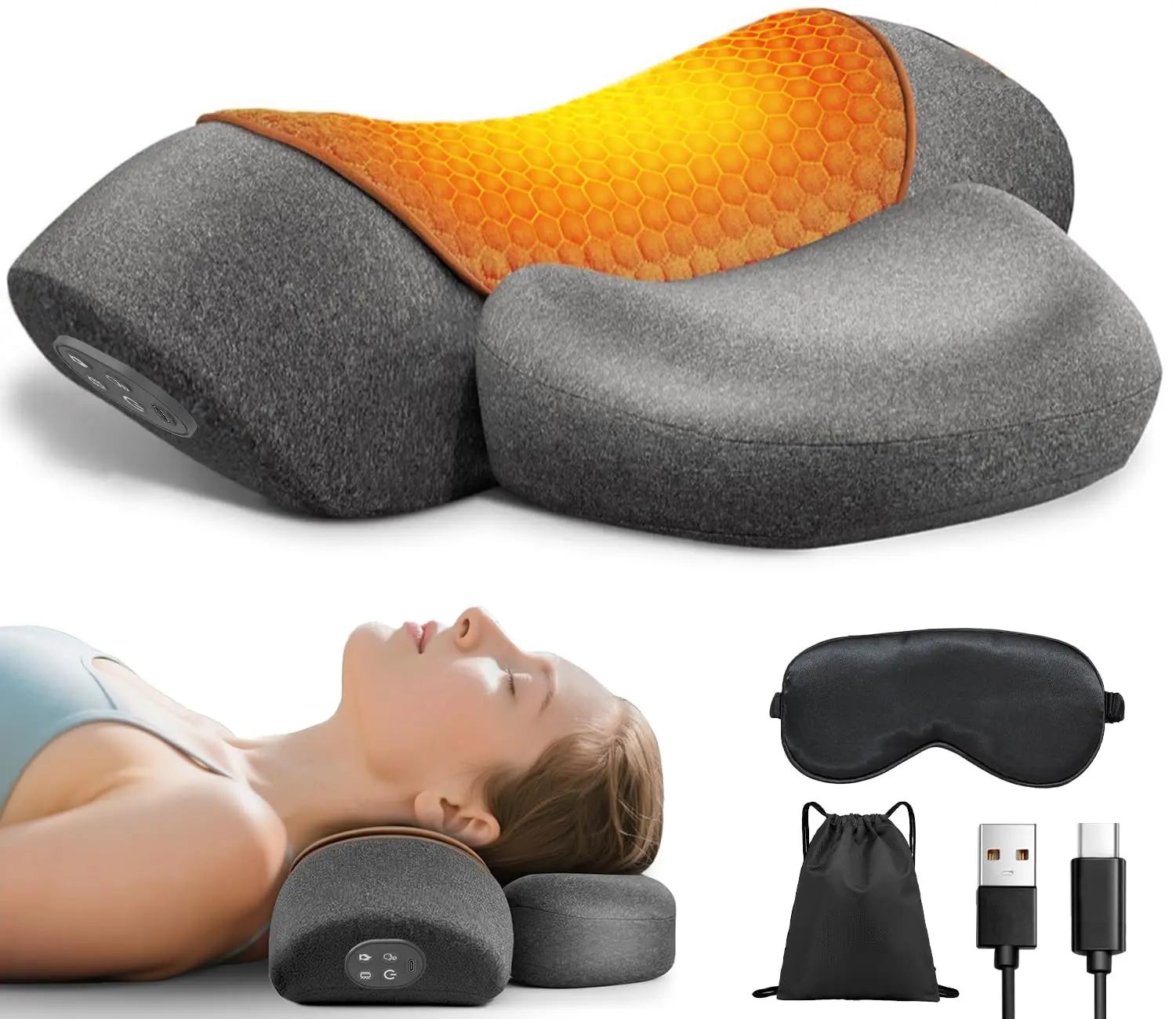 3-in-1 Neck Massager Pillow with Heat, Soothing Vibration & Cervical Traction for Pain Relief, Corded Electric Posture Support