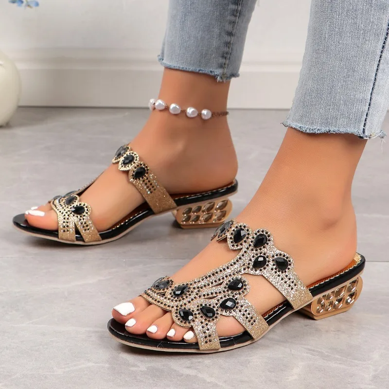 Summer 2024 New Rhinestone Flip-flops, Round Head Fashion Large Size Women's High-heeled Sandals, Beach Sandals