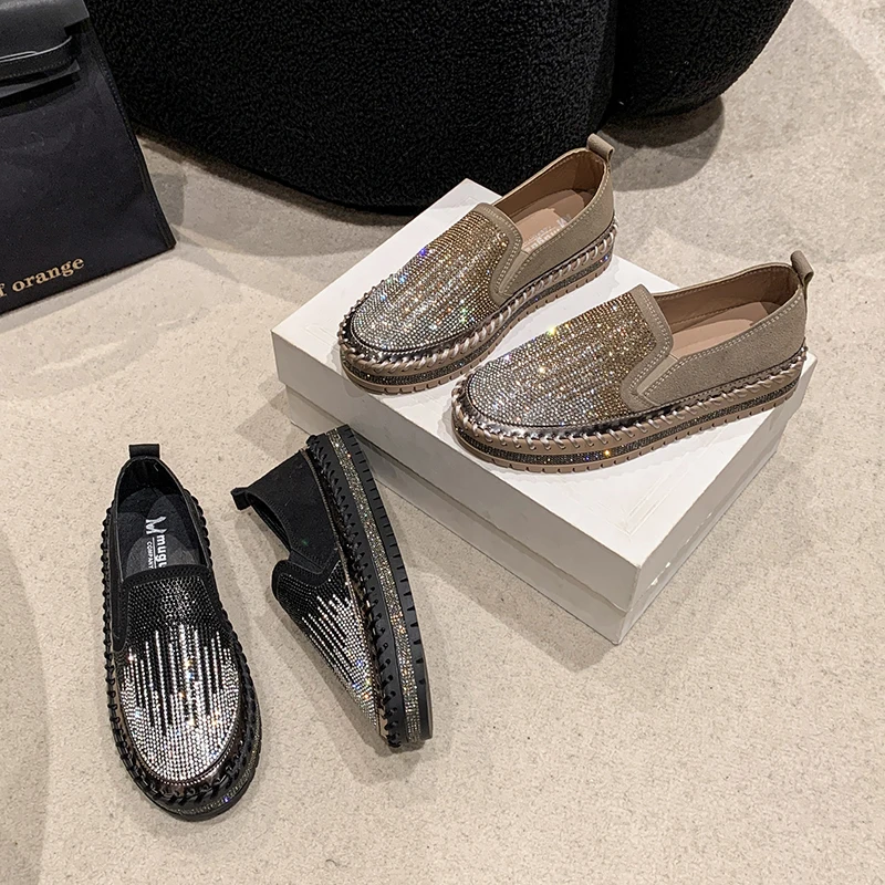 المرأة حجر الراين الفاخرة المتسكعون المرأة الشقق بلينغ أحذية مصممين حجر الراين حذاء كاجوال أحذية منصة المشي في الهواء الطلق #4