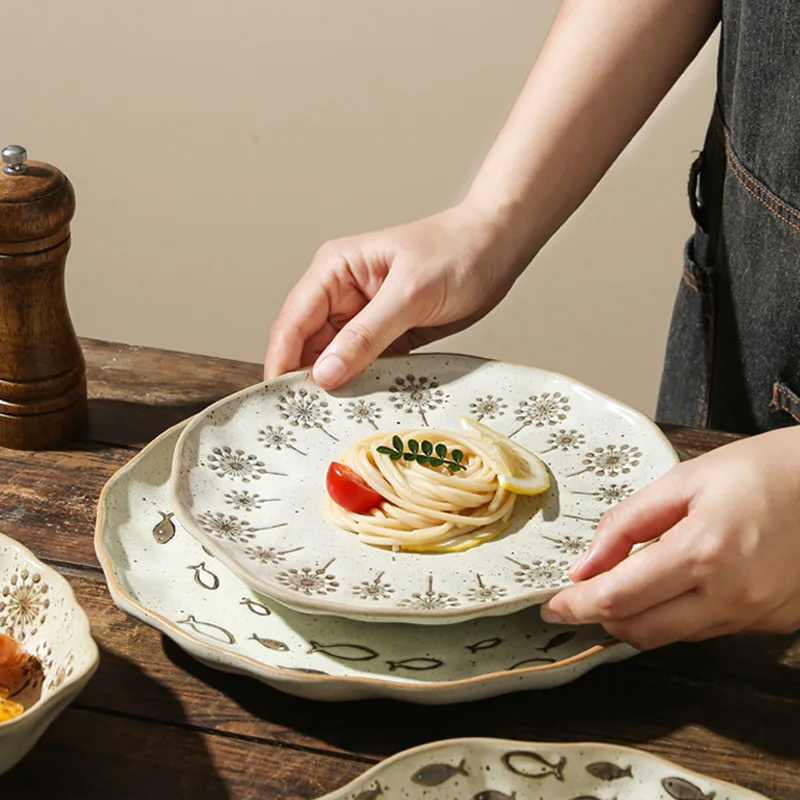 Japanese Style Coarse Pottery Plates, Underglaze Colored Household Dishes Pasta Plates, Commercial Specialty Ceramic Tableware