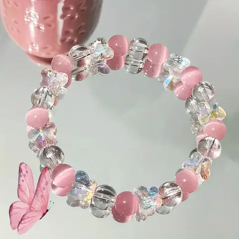 Y2k Sweet Pink Cat Eye Stone Beaded Bracelet For Women, Fresh And Colorful Imitation Crystal Butterfly Bracelet Gift