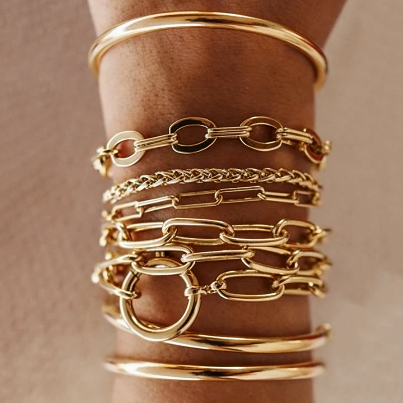 9 Pcs Gold Color Bangle Bracelet Set For Women Chunky Minimalist Paperclip Oval Link Stackable Open Bracelet Trendy Jewelry Gift