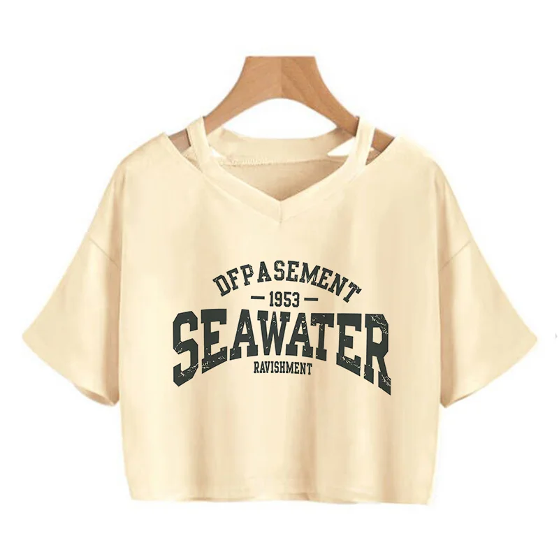 Women's V-neck Short Sleeve Crop Tops SUPERIOR Original Denim Workwear Style Vintage English Print Cropped T Shirt Clothes Sexy