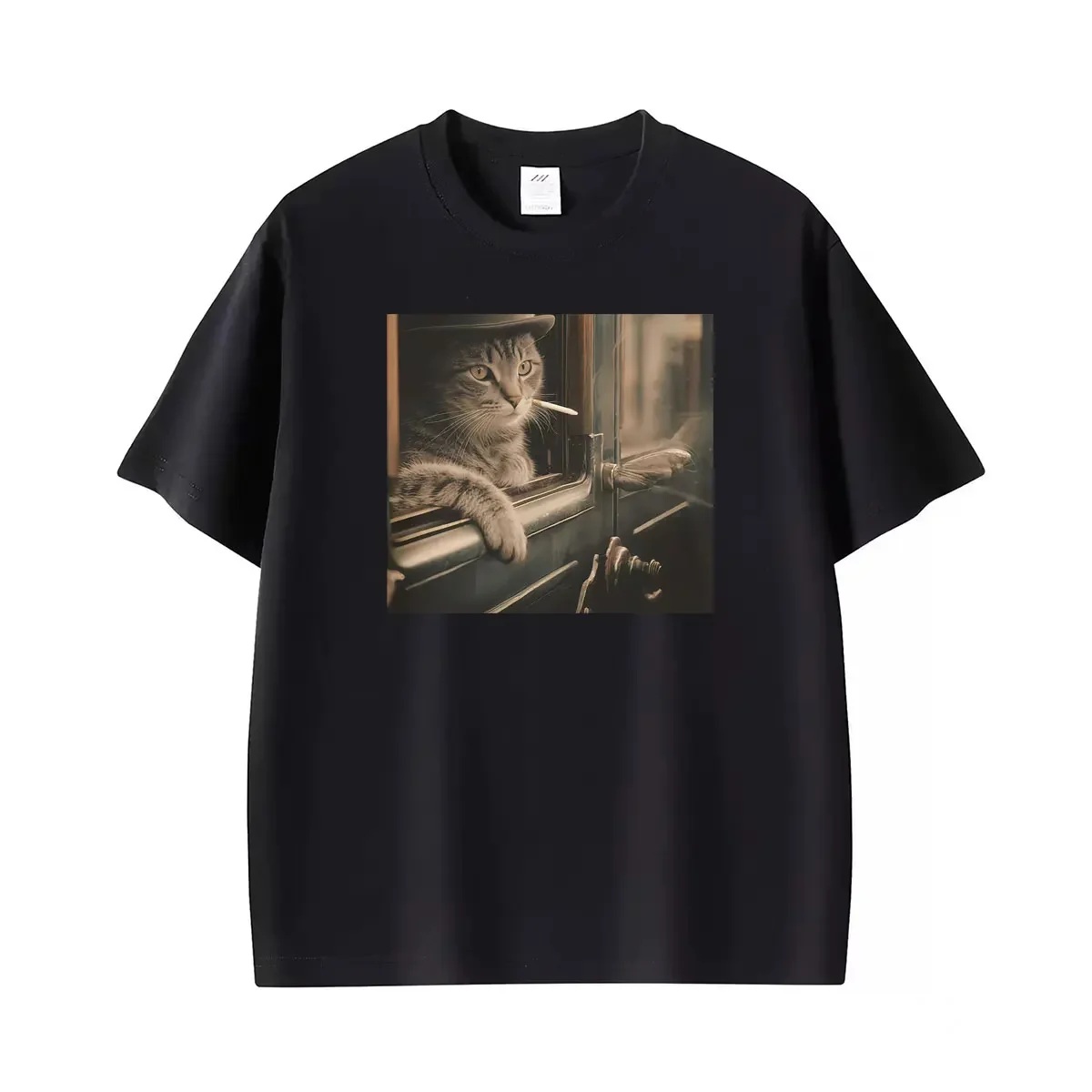 Kitty on Train Smoking A Cigarette Funny Catlothing Hot Sale Vintage 90s T-shirt Loose Oversized T-shirt