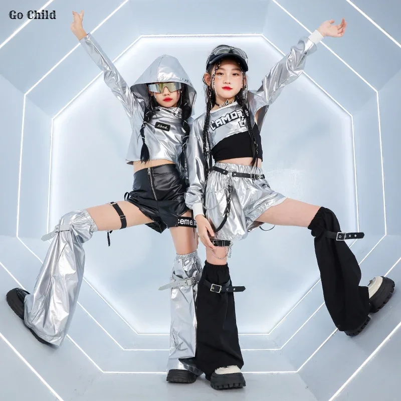 Girls K-pop Silver Crop Top Hoodies Shiny Street Dance Shorts Kids Hip Hop Streetwear Children Jazz Girl Group Cool Clothes Sets