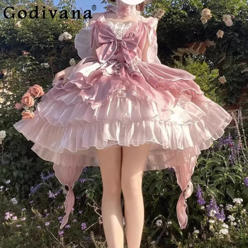 

Elegant Pink Lolita Elegant Trailing Princess JSK Dresses Fashion High Waist A-line Age Reduction Girl Slash Neck Fairy Dress