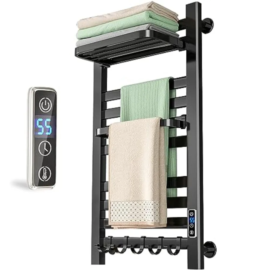 

Electric Towel Warmer for Bathroom, Aluminum Matte Black Wall Mounted Heated Towel Rack with 10 Bars, Timer and LED Indicator