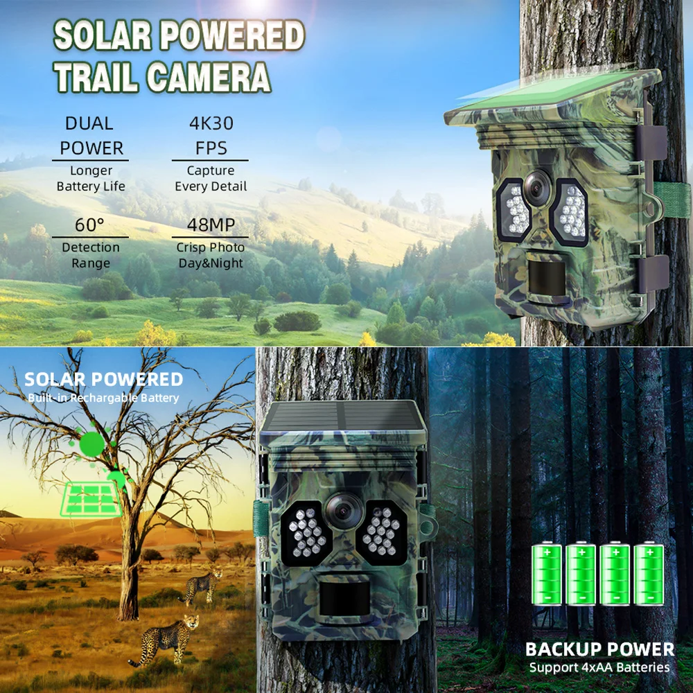 Solar Powered Hunting Camera 4K 48MP Video Photo Wildlife Night Vision Trail Cam Motion Activated Photo Trap Waterproof IP66