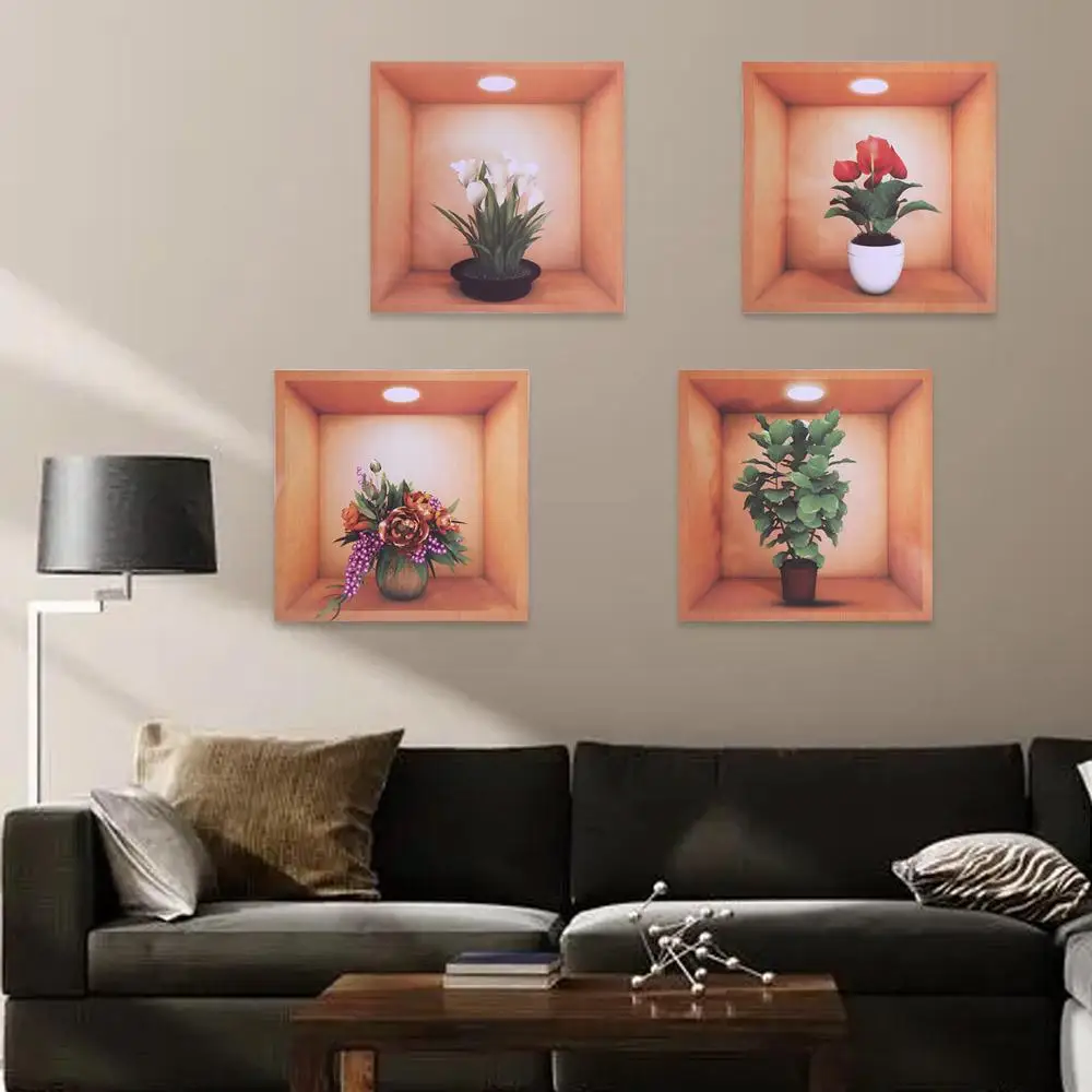 4 pezzi adesivi murali in vaso di piante in PVC pianta verde creativa simula sfondi 3D piante autoadesive impermeabili decalcomanie di fiori
