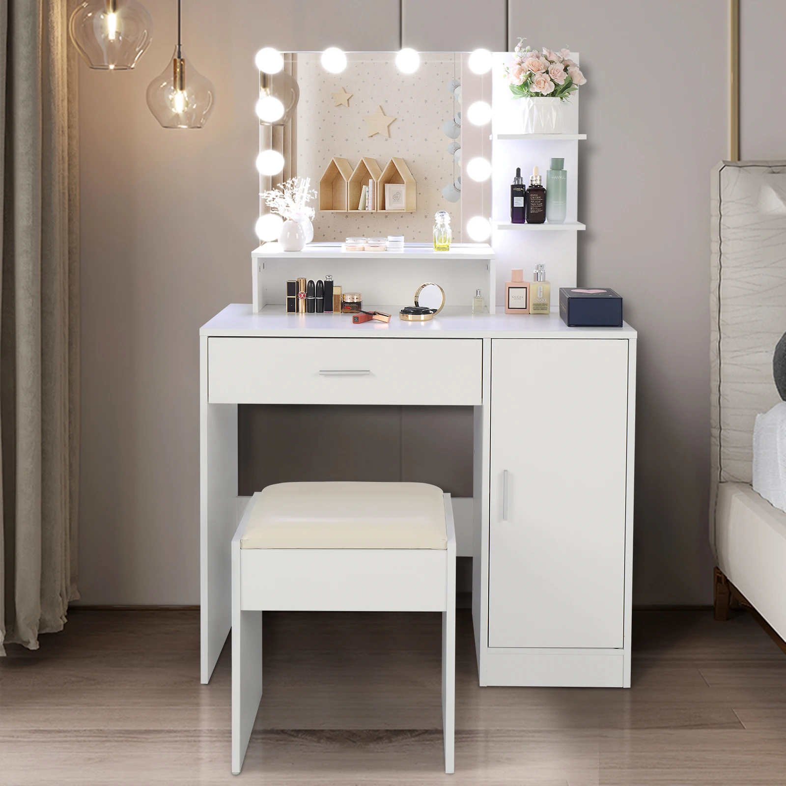 FCH Large Vanity Set with 10 LED Bulbs,3 Storage Shelves 1 Drawer 1 Cabinet, Dresser Desk for Women, Girls, Bedroom, White