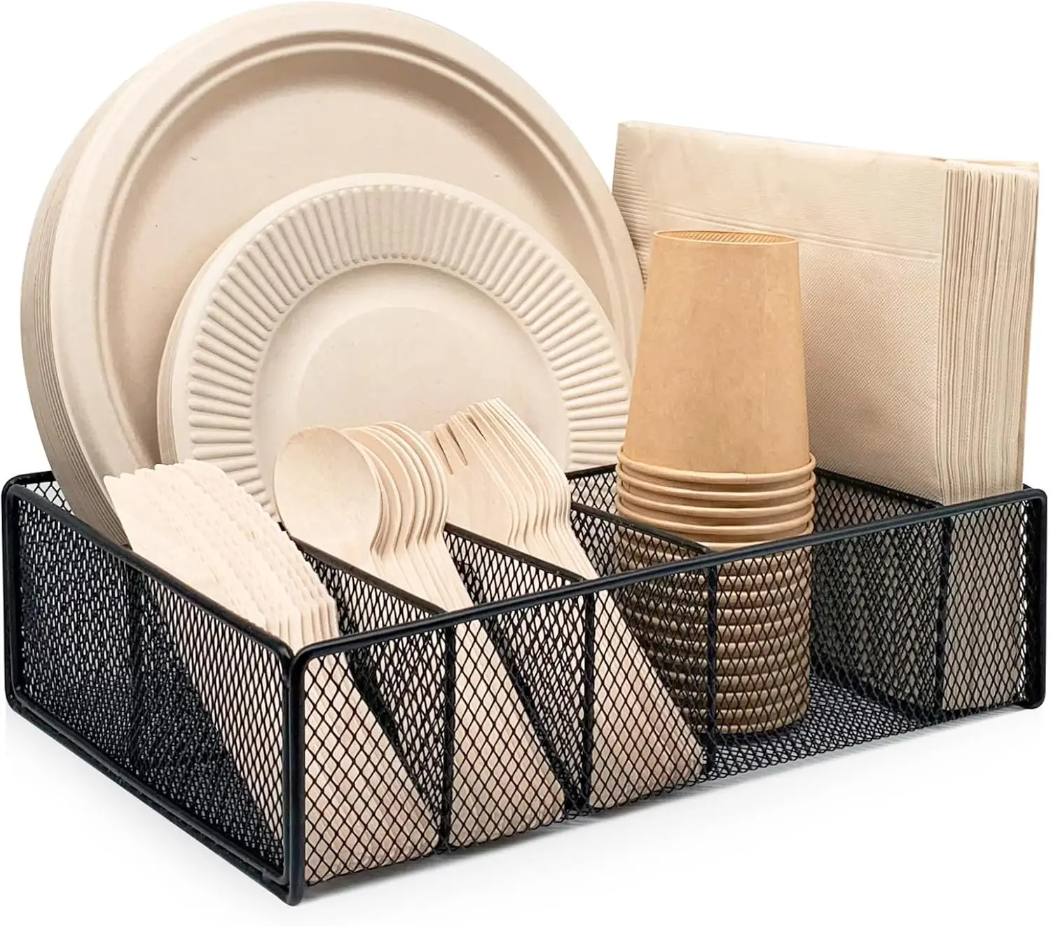 

Metal Paper Plate Holder - Utensil Silverware Caddy for Kitchen Counter Cabinet Cutlery Flatware