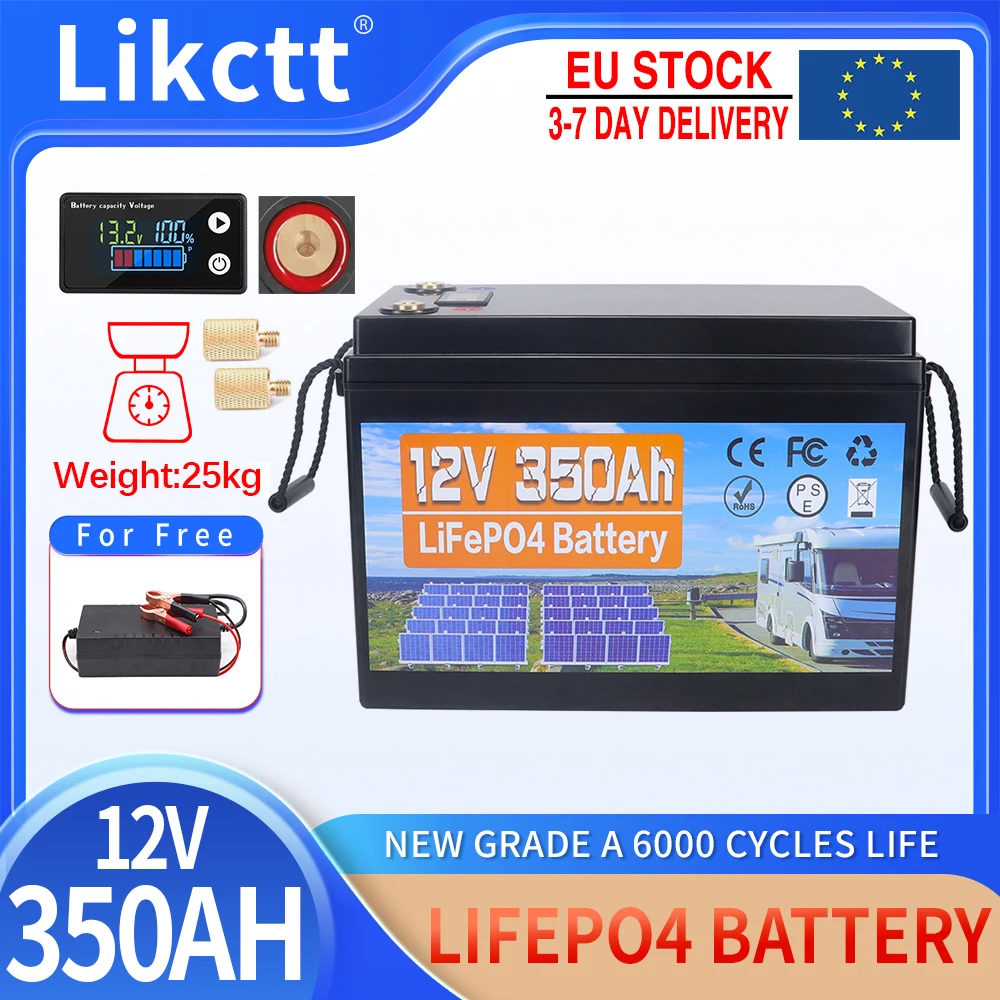 Batería LiFePO4 de 12.8V 350AH, Baterías de Litio de 12V 4s con Pantalla LED para Campistas, Carritos de Golf, Todoterreno, Almacenamiento de Energía Solar y Eólica