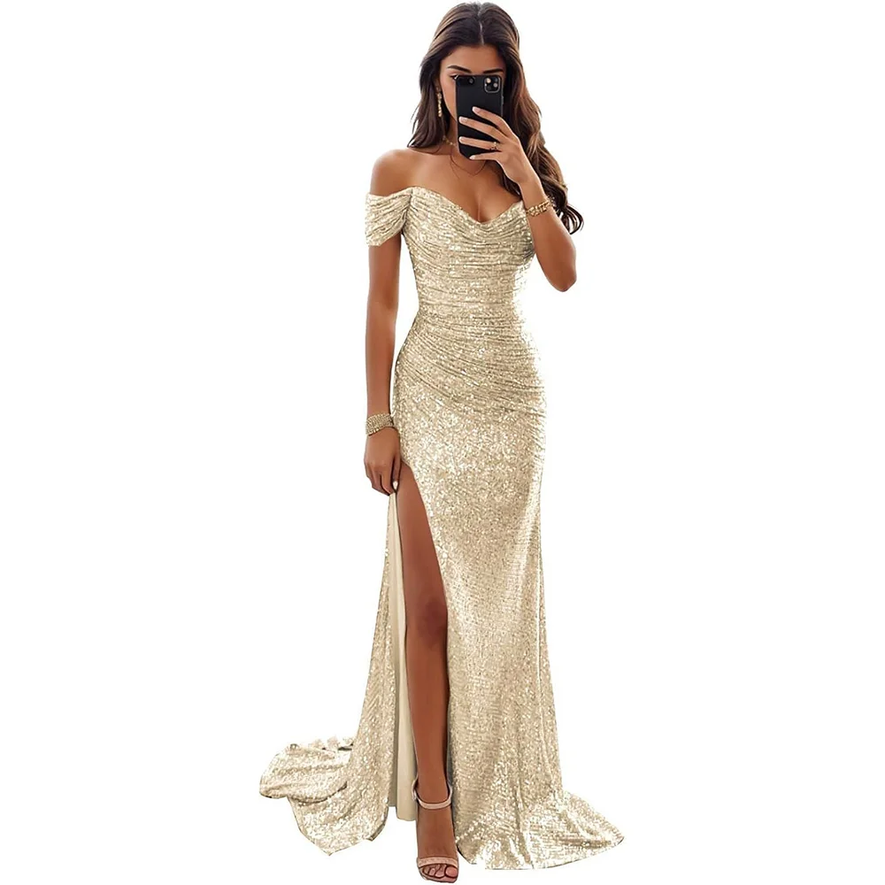 

Off The Shoulder V Neck Women Floor Length Prom Gown Mermaid Side Split Sparkle Dinner Party Dresses
