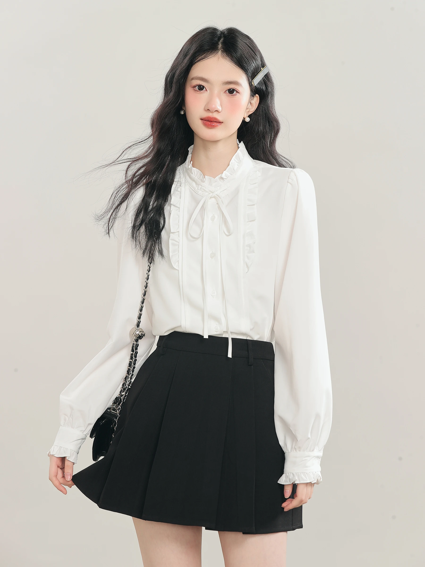 

Lingjiu 2025 New Sle White Casual irt Women's Spring Autumn Commute Bitter Peach Le Collar Tie Sweet Sle Polyester Fiber