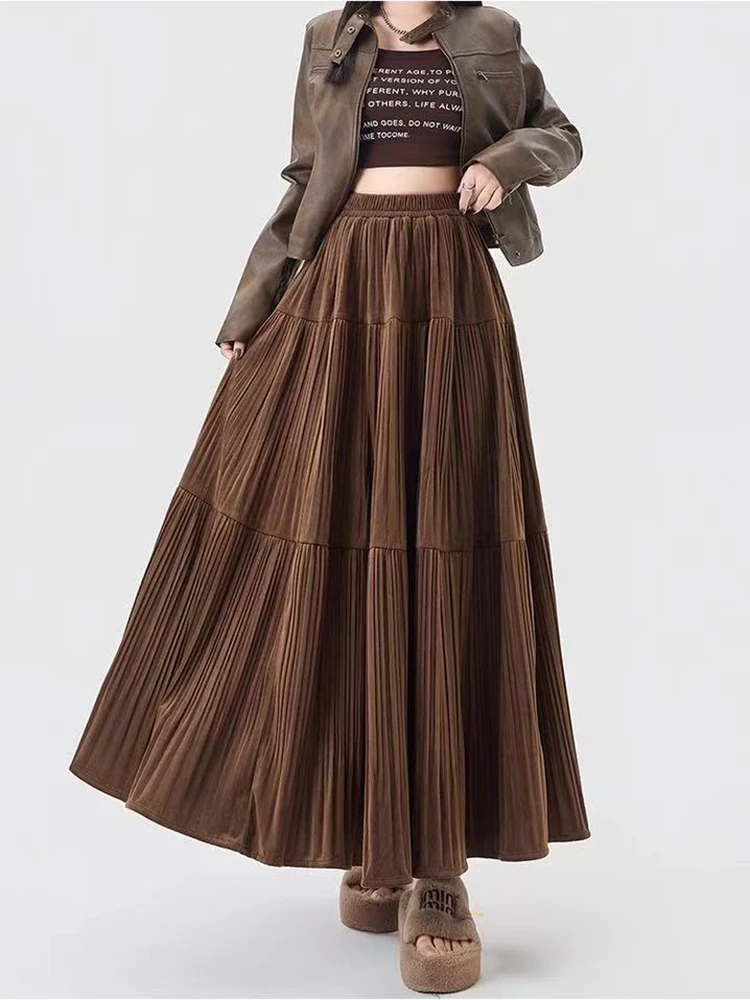 

Thick Velvet Midi Pleated Skirts Women Autumn High Waist Loose Patchwork Casual Skirt Korean Elegant Office Lady A Line Skirts
