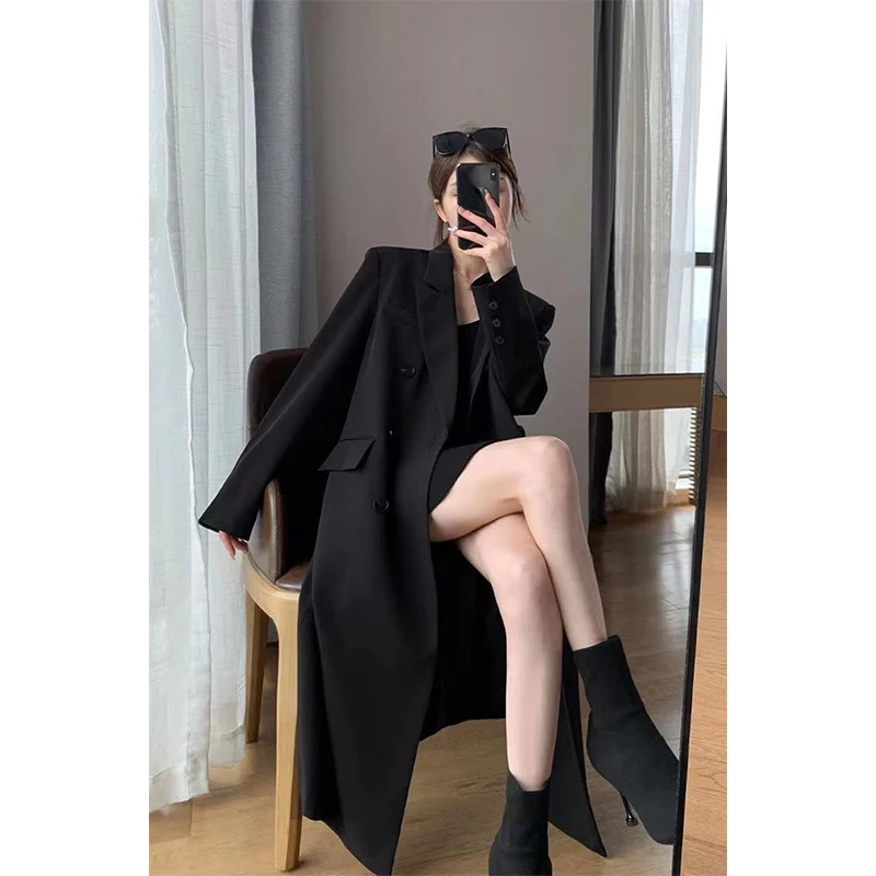 Long Trench Coat Women Office Lady Elegant Double Breasted Blazer Jacket Streetwear Overcoats Korean Harajuku Casual Windbreaker