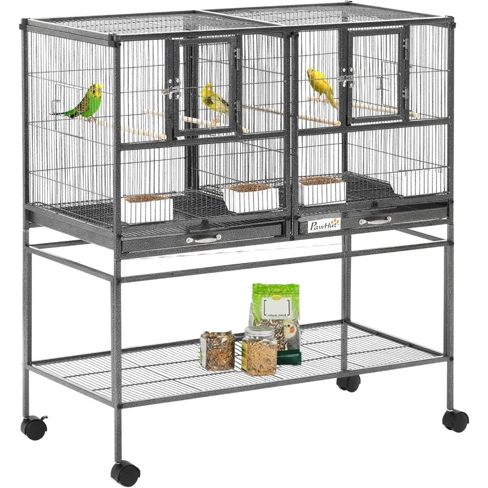 

Divided Breeder Bird Cage with Rolling Stand Removable Metal Tray, Storage Shelf, Wood Perch, and Food Container