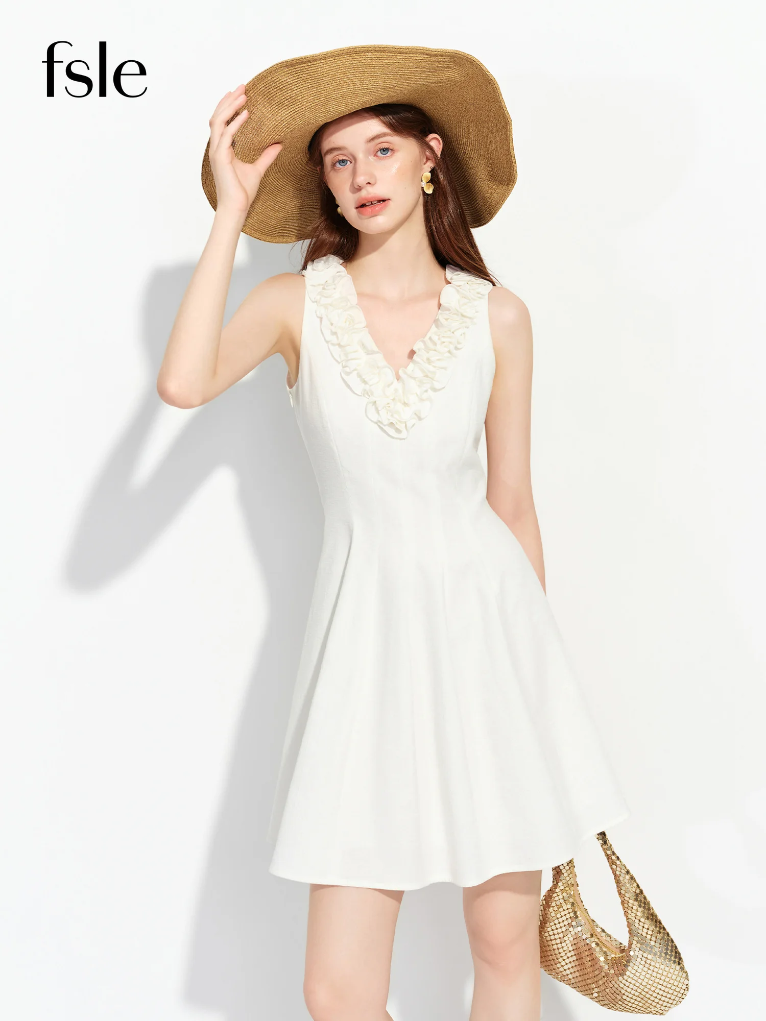 FSLE 2026 Summer Women's 3D Floral Applique Sleeveless V-Neck A-Line Mini Dress - Elegant Refined Style for Parties Daily Wear