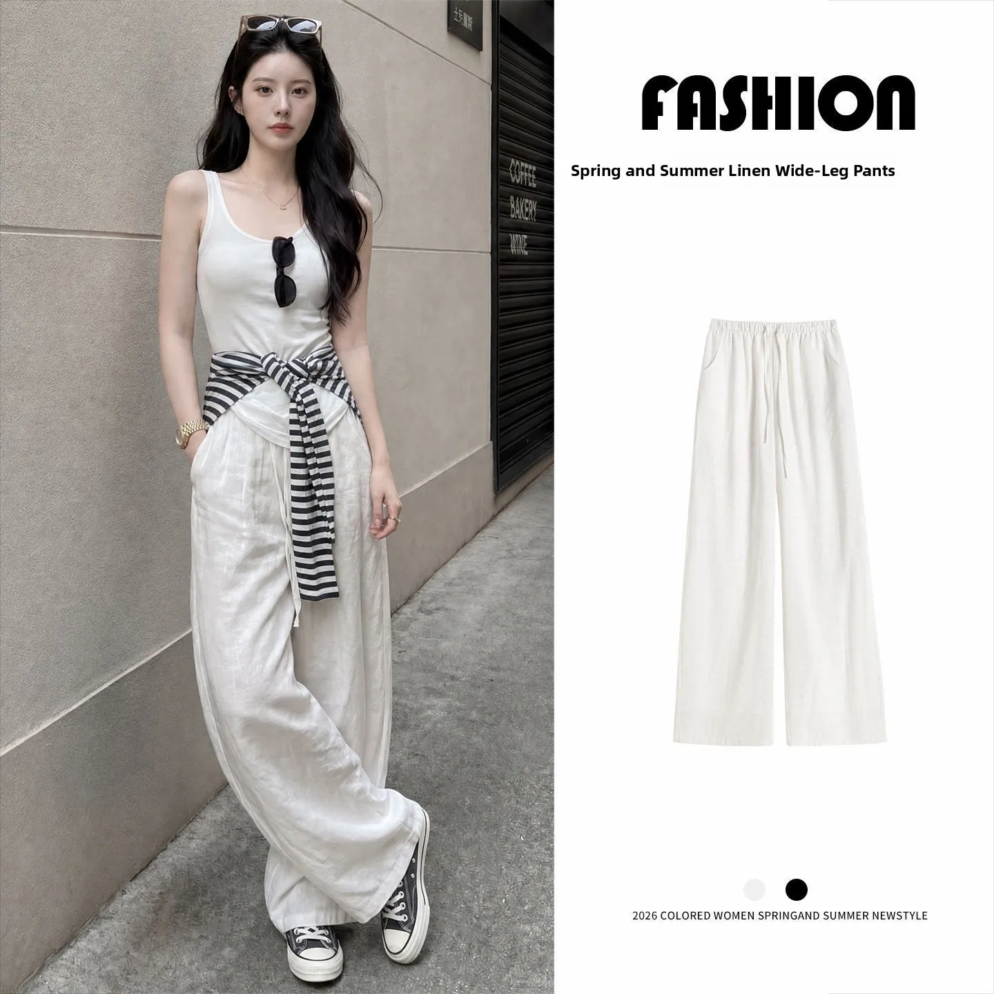 Summer Thin Cotton Linen Wide Leg Pants Women's Casual High Waist Trousers Drapey Style Small Size Friendly White Pants