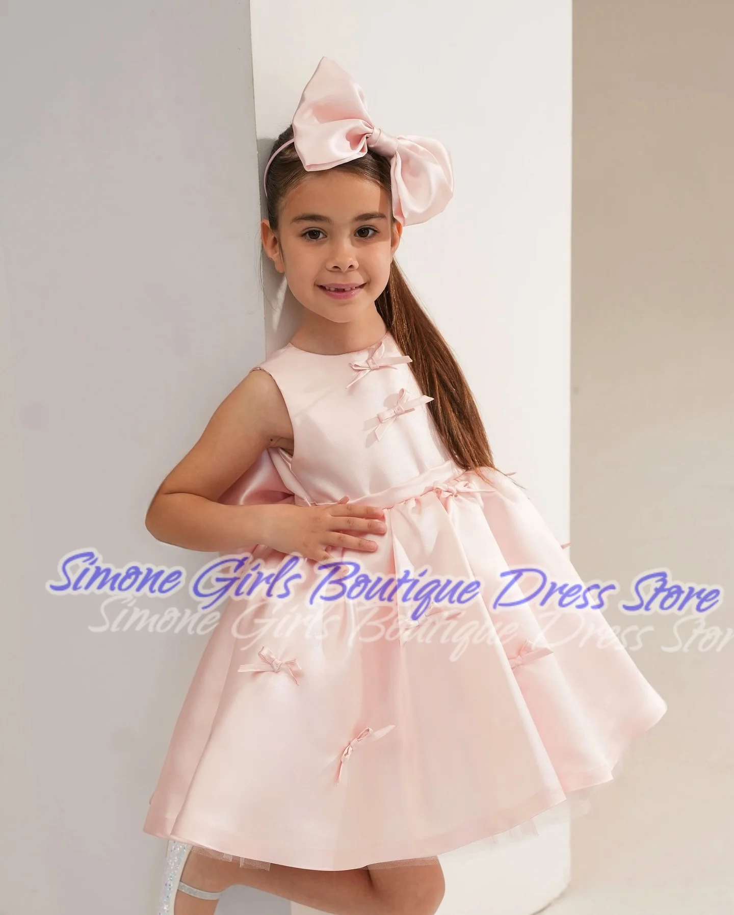 Cute Bow Pink short-sleeved dress Flower Girl Dress for Birthday party Formal Receptions Dance Performances Wedding Ceremonies