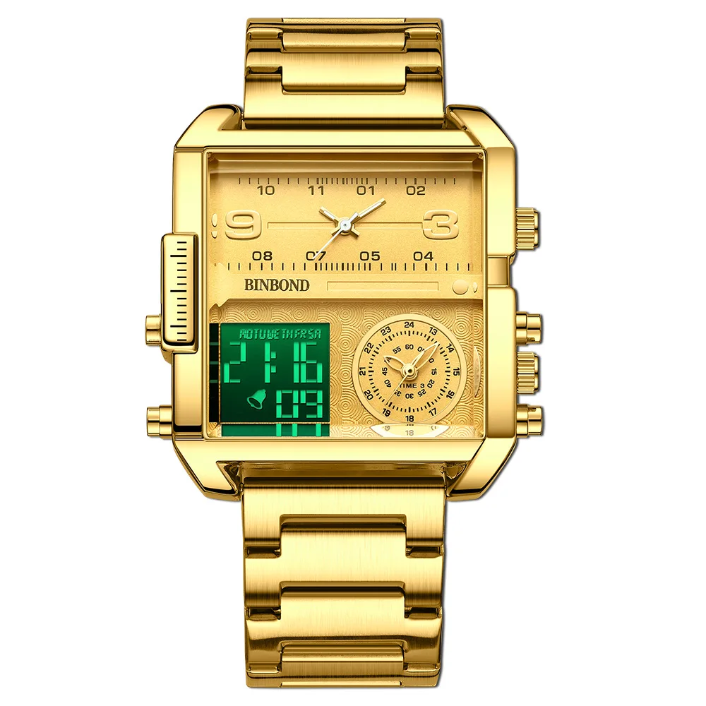 Multifunction Men’s Watches Big Dial Stainless Steel Fashion Waterproof Chronograph Dual Time Digital Out Door Sport Wristwatch