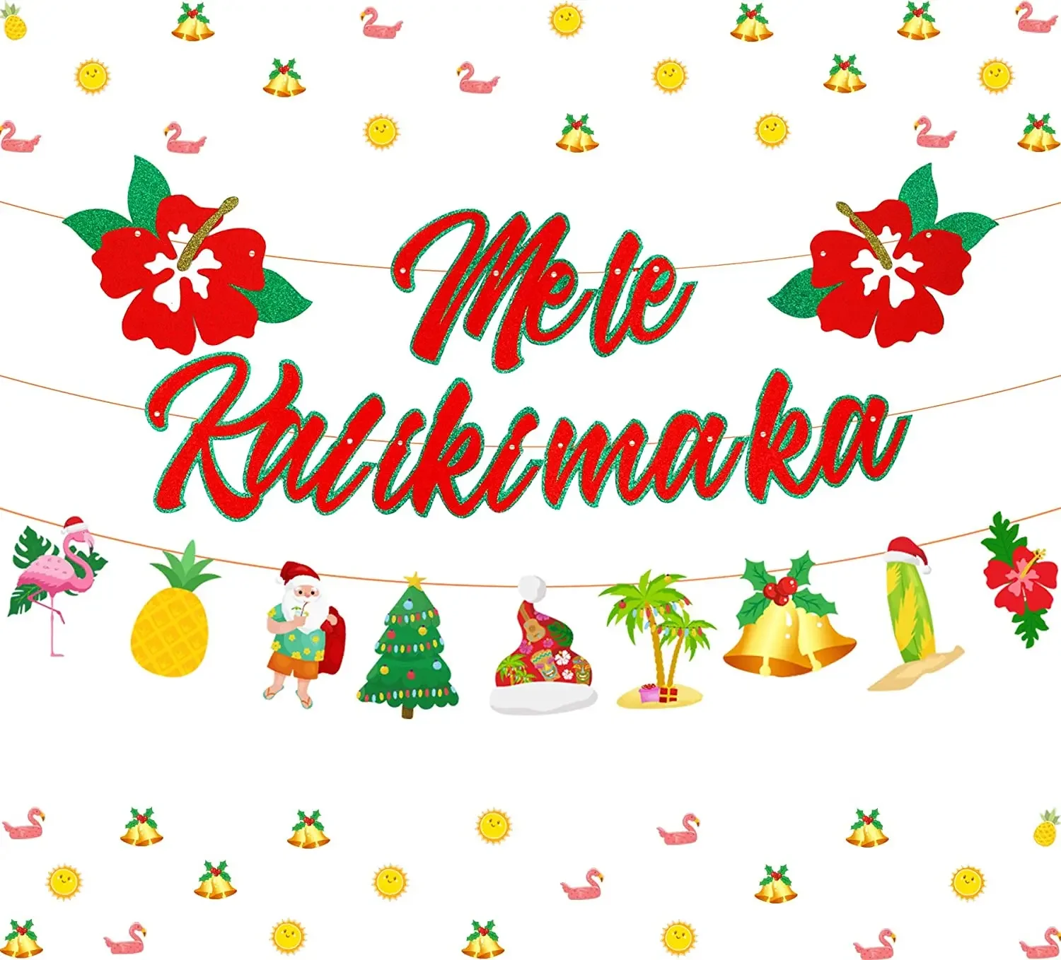 Mele Kalikimaka Banner Christmas Decorations for Hawaiian Merry Christmas Garland Glittering Red Hibiscus Flower for Xmas Party