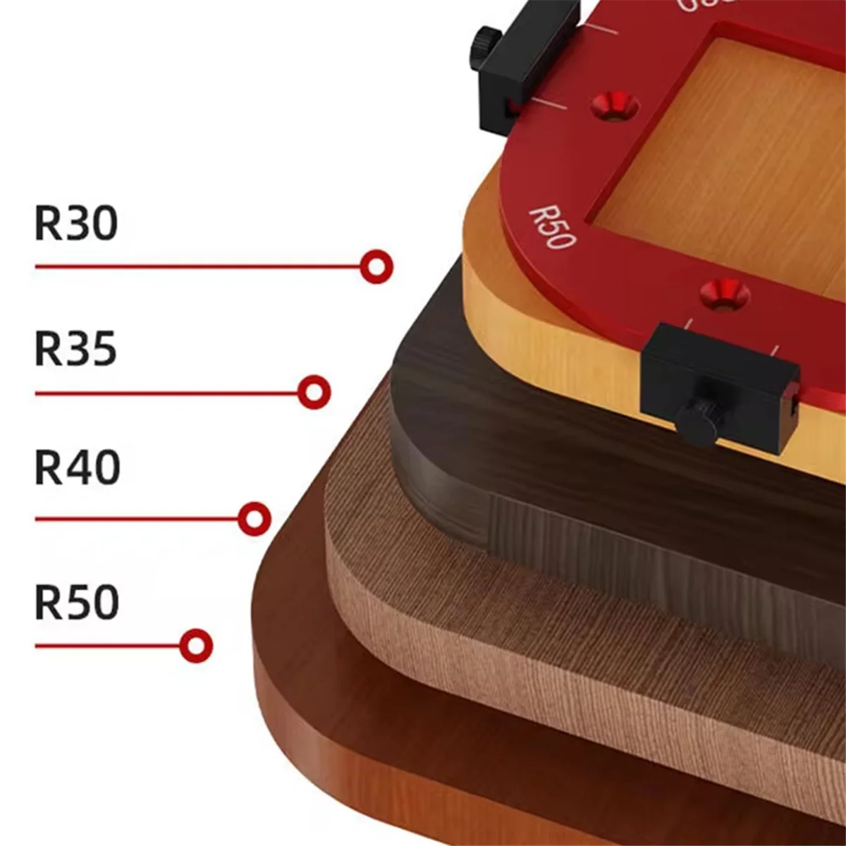 

ABMO 2PCS Woodworking Router Templates R10-R50 Radius Jig 4-In-1 Arc Angle Positioning Template, Corner Radius