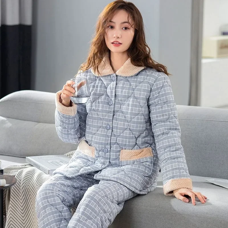 2023 New Women's Winter Thick Loungewear Warm Homewear Three-Layer Jacket  Cotton Pajamas Turn-down Collar Home Wear Set