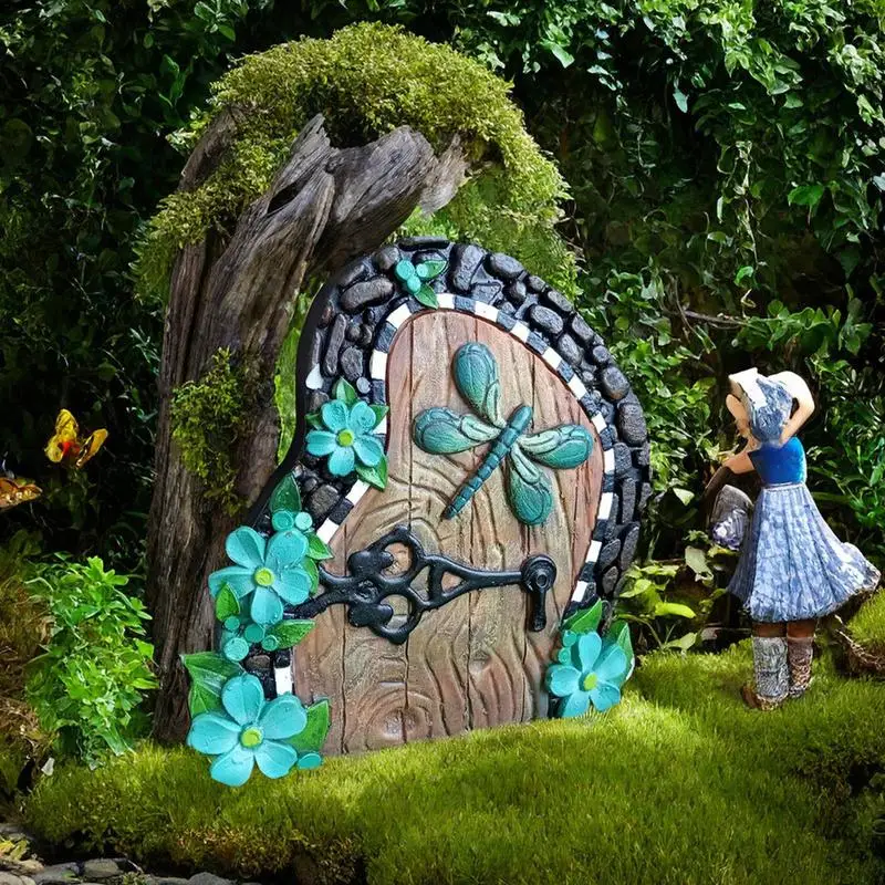 Tiny Door For Wall 4.7Inch Resin Colorful Tiny Gnome Door Sturdy Tree Stump Decor With Hook Fairy House Accessories For Outdoor