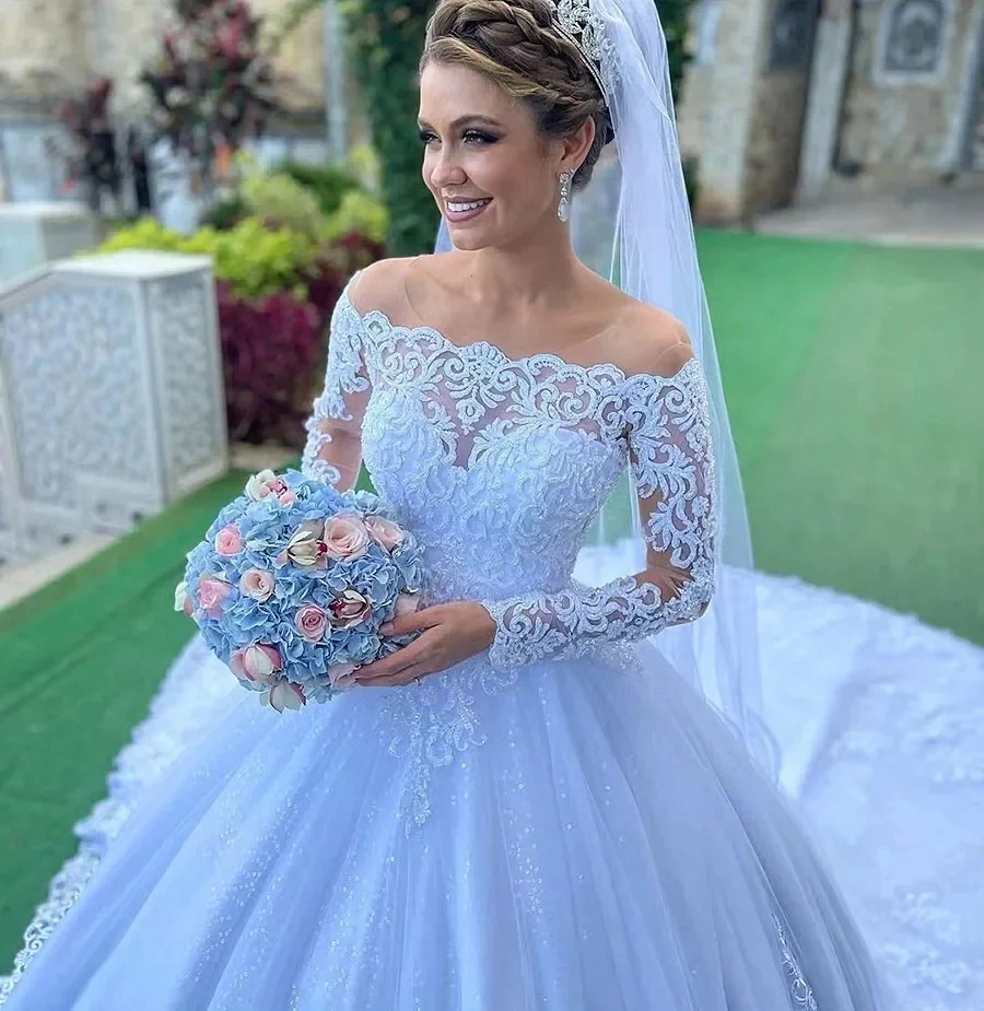 Nuevo vestido De novia para iglesia 2026 cuello barco mangas largas apliques De encaje tul Vestidos De novia formales Vestidos De novia