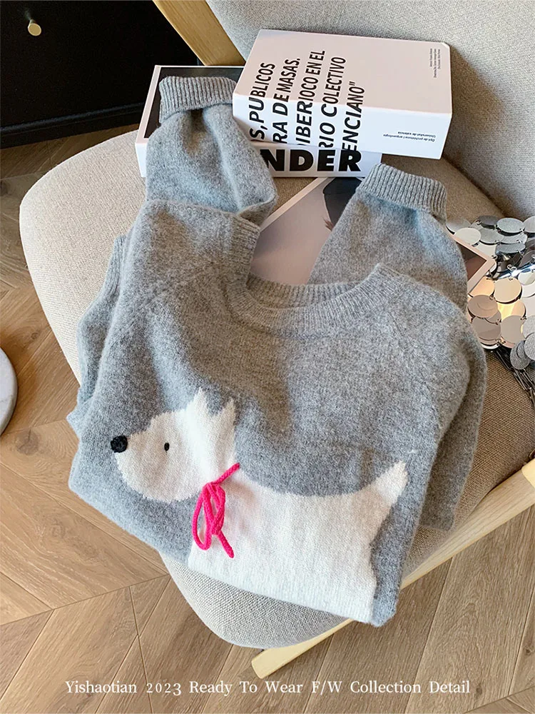 New Design Grey O-Neck Cashmere Top  Autumn Winter Fashion Casual Sweaters Gyaru Knitted Pullovers Cartoon Office Lady Sweater