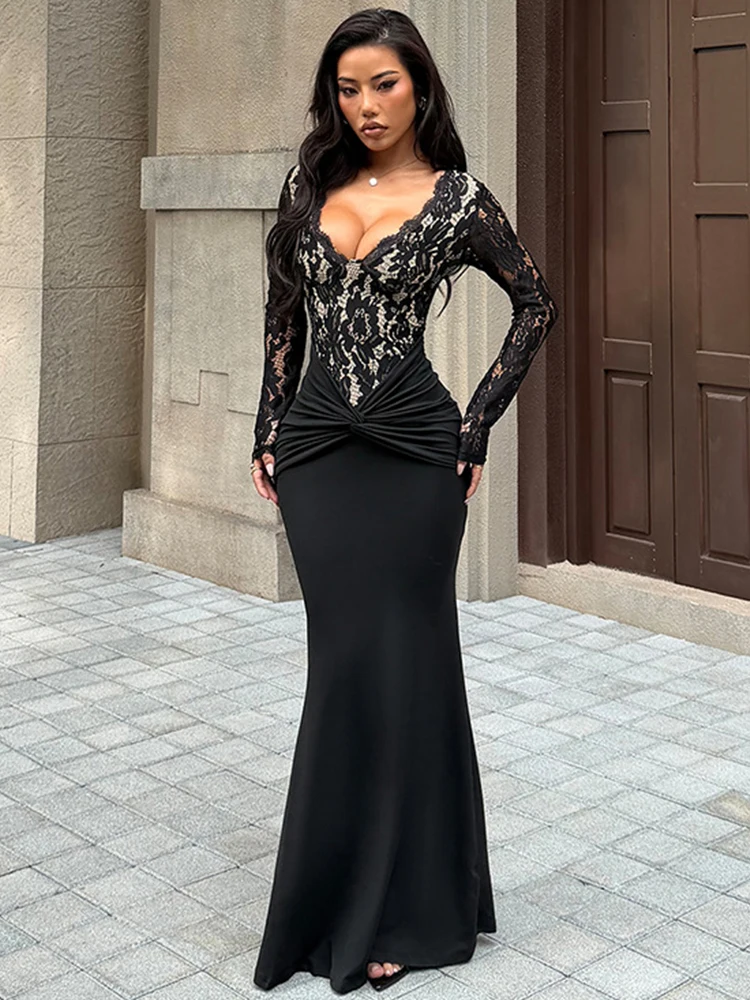 

Trendix Lace Long Sleeve Maxi Dresses Women Sexy Deep V Neck High Waist Long Dress Party Club Slim Pleated Elegant Evening Dress