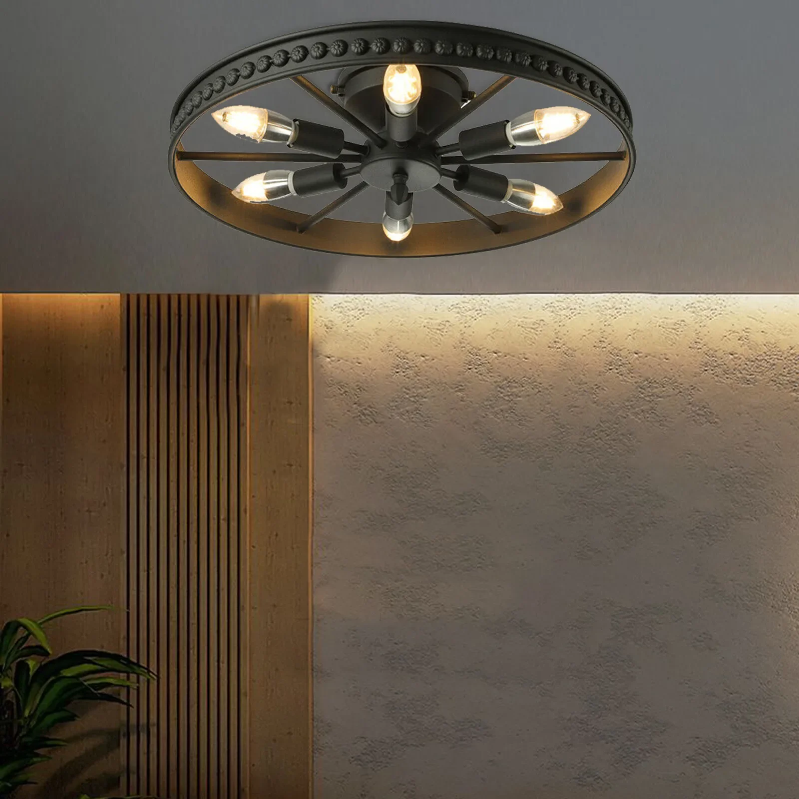 

Industrial Wagon Wheel Chandelier - Rustic Farmhouse Ceiling Light with Metal Frame for Kitchen, Bar & Restaurant