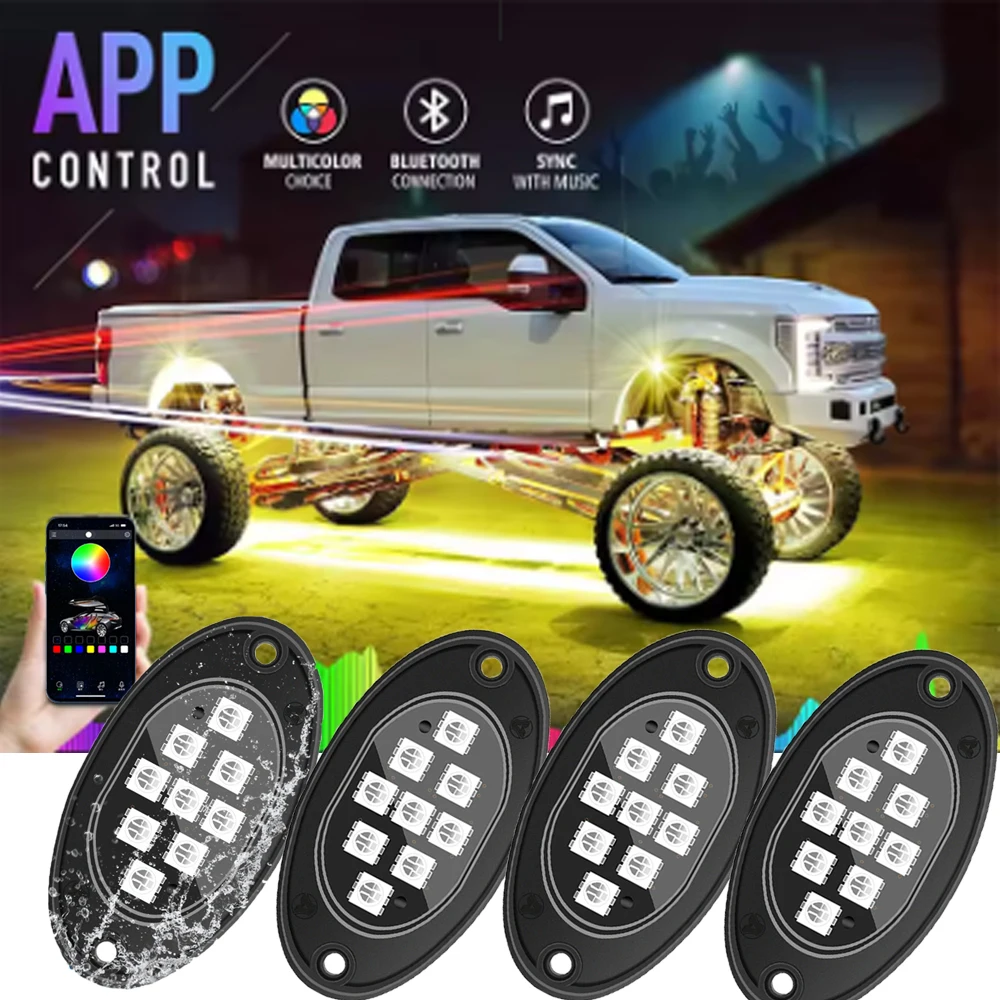 4Pcs Car Underglow Light LED Rock Lights, Underglow RGB Neon Lights with Bluetooth App Control, High Bright Waterproof IP68 Whee
