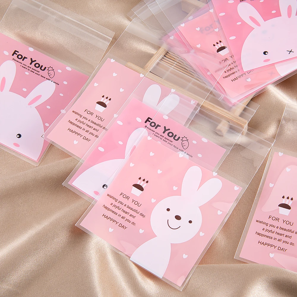 50Pcs 7x 3+7 cm Pink Rabbit Plastic Clear Gift Pouch Self Adhesive Biscuits Candy Jewelry Gift Packaging Plastic Bag