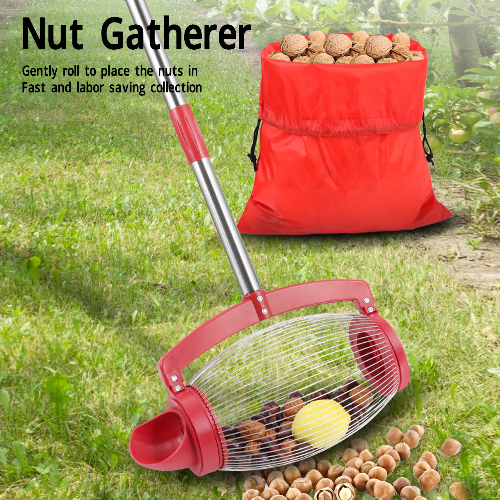 Pecan Picker Nut Gatherer Adjustable Long Handle Ergonomic Labor Saving Lightweight Easy  Stainless Steel for Garden