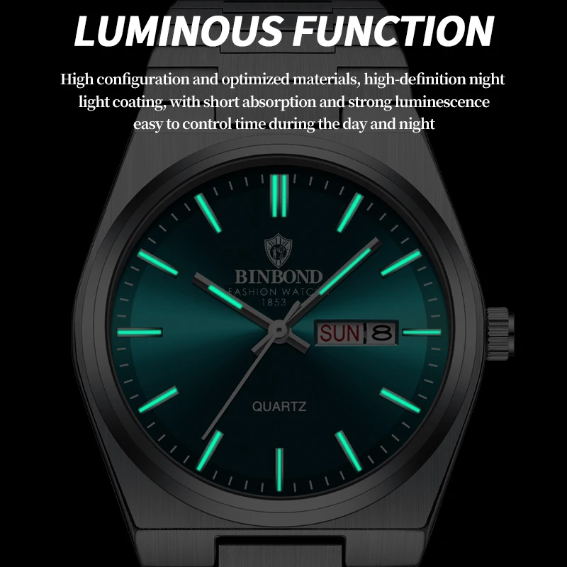 BINBOND Luxury Quartz Man Wristwatch Sport Men Watches Waterproof Luminous Date Week Stainless Steel Men\'s Watch Male Reloj+box